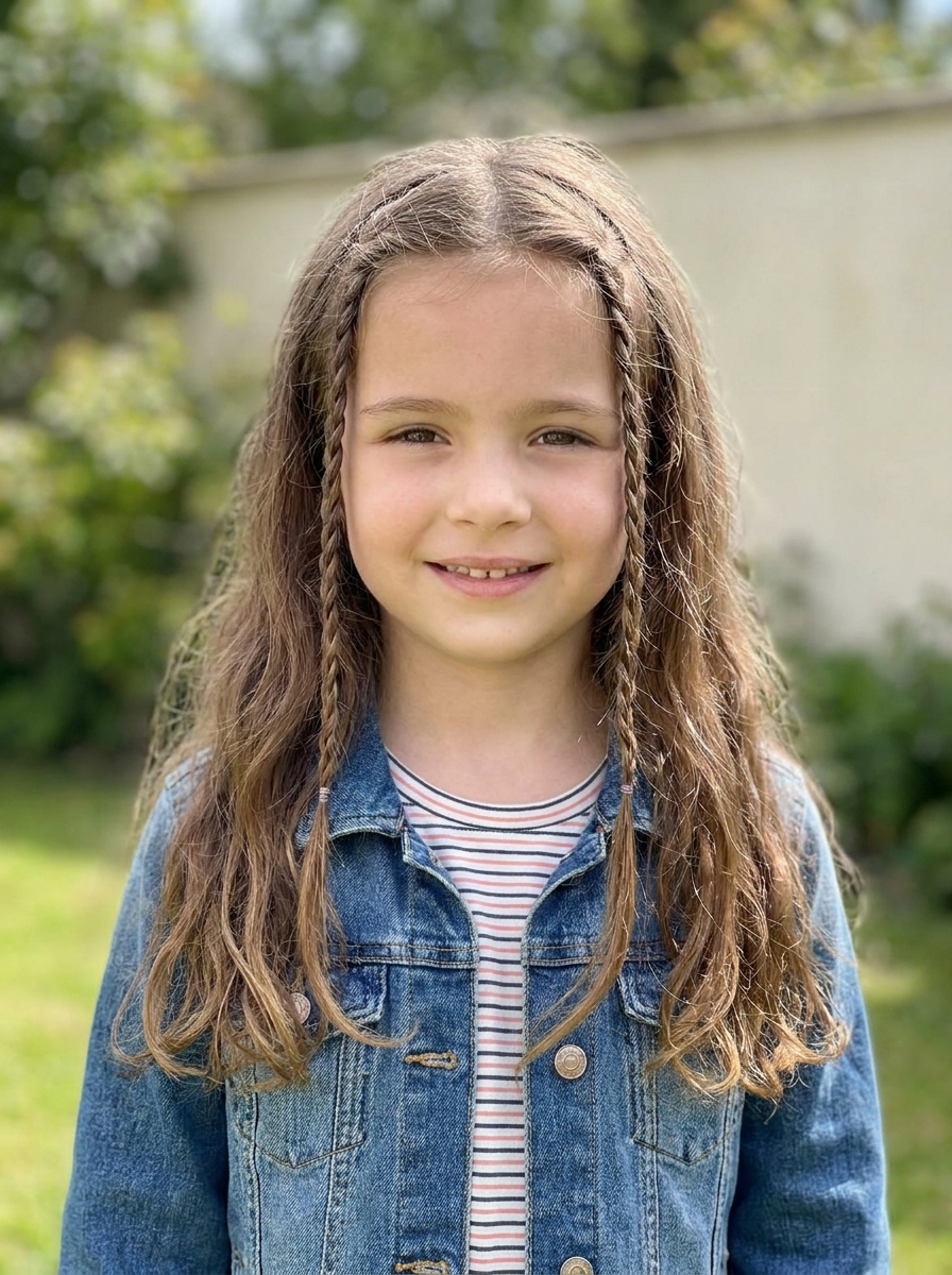Vier kleine Front Braids mit offenem Haar als Flechtfrisuren für Kinder Inspiration 2026